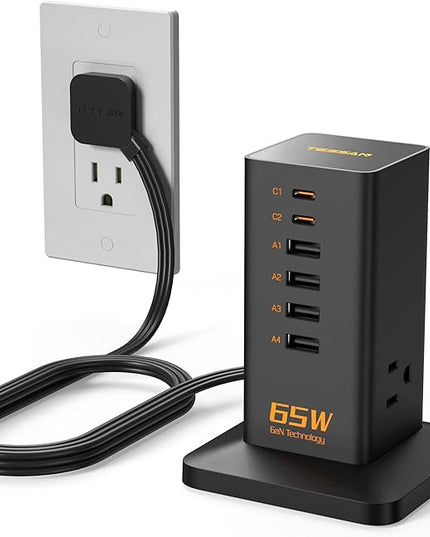 USB Charging Station for Multiple Devices PD 65W, TESSAN 9-in-1 USB C Charger Block for iPhone 17/16/15, MacBook, Tablet, Type C Desktop Charger with 3 AC, Home Travel Office Accessories