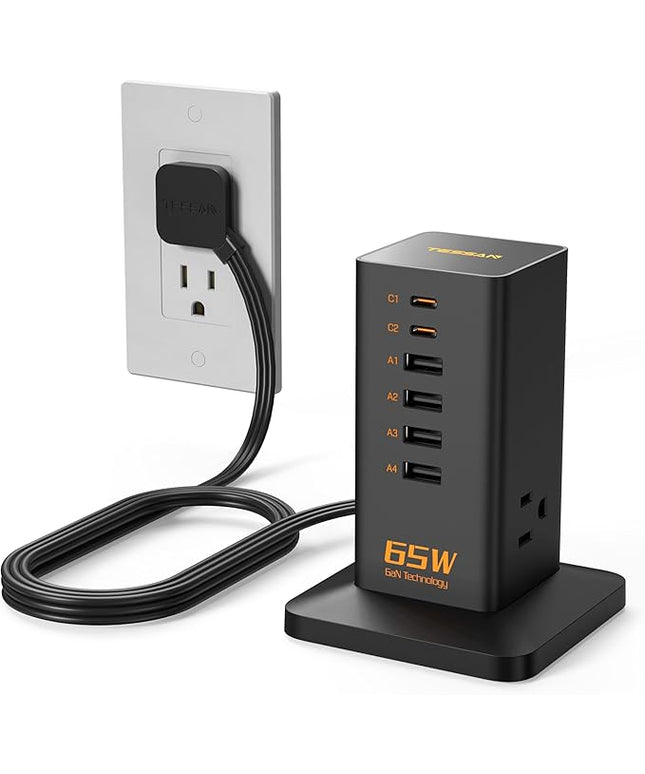 USB Charging Station for Multiple Devices PD 65W, TESSAN 9-in-1 USB C Charger Block for iPhone 17/16/15, MacBook, Tablet, Type C Desktop Charger with 3 AC, Home Travel Office Accessories