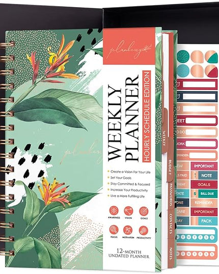 PLANBERRY Hourly Schedule Planner Premium – Undated Weekly Organizer with Time Slots & Monthly Budget – Time Management, Goal Setting, To-Do List & Habit Tracker –6.9″x8.5″(African Green)