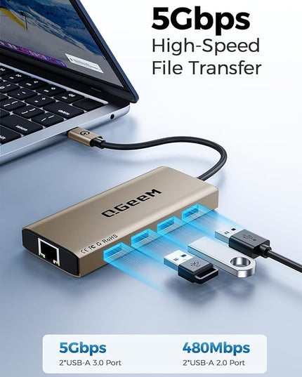 QGeeM USB C Hub Ethernet,9 in 1 USB Type C Hub HDMI Multi-Port Converter Adapter,100W Pd, USB 3.0,SD/TF Card Reader,Compatible for MacBook Pro Air Ipad HP Dell Lenovo Chromebook etc.-Brown