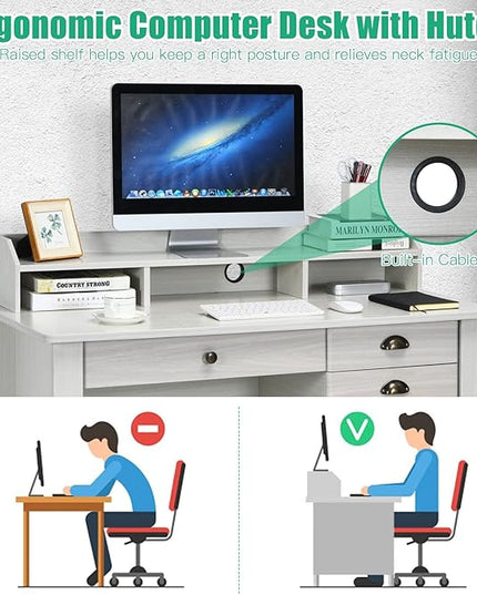Tangkula White Desk with 4 Storage Drawers & Hutch, Home Office Computer Vintage Desk, Writing Study Table with Storage Shelves, Wooden Executive Desk (White)