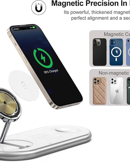 3 in 1 Charging Station for Apple - Faster Mag-Safe Charger Stand for iPhone - Magnetic Wireless Charger Station for iPhone 17/16/15/14/13/12 Series, Apple Watch Series, AirPods Pro (White)