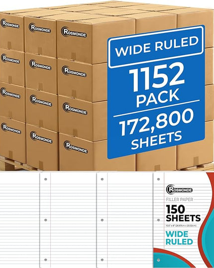 Rosmonde 1152 Pack (Pallet) Loose Leaf Paper Bulk, 172800 Sheets, Wide Ruled, 150 Sheets/Pack, 8 x 10.5", Pallet of Filler Paper, 3 Hole Punched, 56 Gsm Thick Paper, School & Office, 4-7 Days Transit