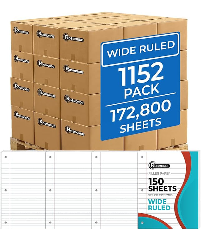 Rosmonde 1152 Pack (Pallet) Loose Leaf Paper Bulk, 172800 Sheets, Wide Ruled, 150 Sheets/Pack, 8 x 10.5", Pallet of Filler Paper, 3 Hole Punched, 56 Gsm Thick Paper, School & Office, 4-7 Days Transit