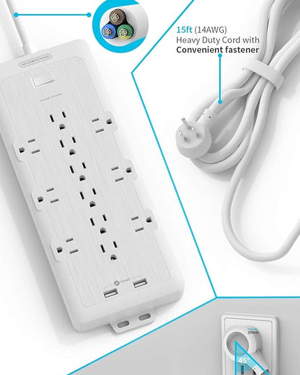 4000 Joules Power Strip Surge Protector, 15 FT Heavy Duty Extension Cord (1875W/15A), 12 Widely Spaced AC Outlets, Overload Protection, Wall Mount, ETL Listed, Ideal for Home, Dorm Essentials, White