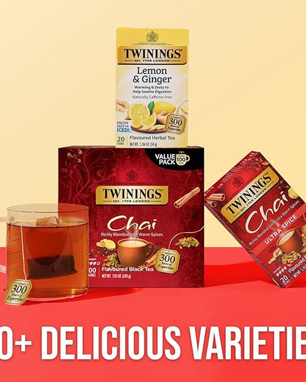 Twinings Chai Black Tea Individually Wrapped Bags, 100 Count (Pack of 1), Richly Blended with Warm Spices, Caffeinated, Enjoy Hot or Iced, 100 Teabags