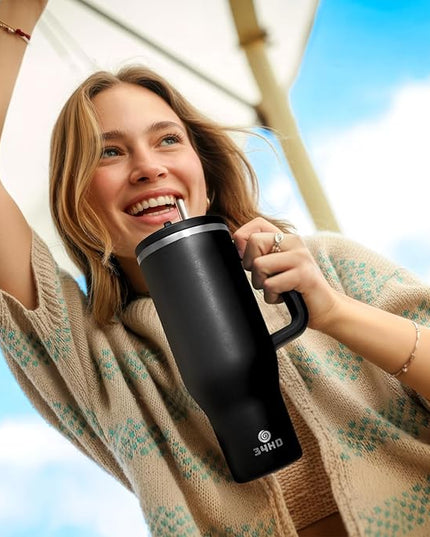 34HD 40 oz Stainless Steel Tumbler - Leakproof Insulated Water Bottle with Handle, Magnetic Lid and Flexible Straw - Iced for 48 Hours – Perfect for Men, Women, Birthday Gift, Black - Midnight Onyx