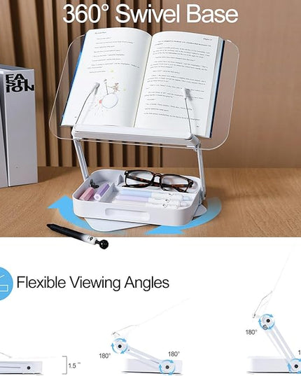 ZOEY Acrylic Book Stand for Reading Adjustable Book Holder with 360 Rotating Base and Storage Foldable Desktop Riser Stand for Cookbook Laptop Tablet Textbook Music Score with Page Clip 13.4x9.3x2.8in