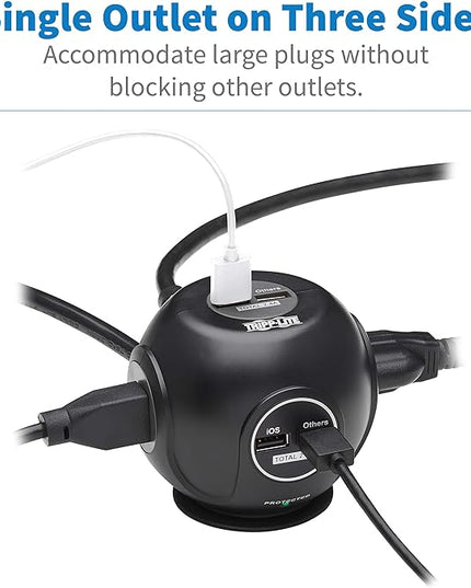 Tripp Lite Surge Protector 3-Outlet Spherical Surge Protector, 4 USB Ports (4.8A Shared) - 6-ft. (1.83 m) Cord, 5-15P Plug, 540 Joules, Black (TLP36USB)
