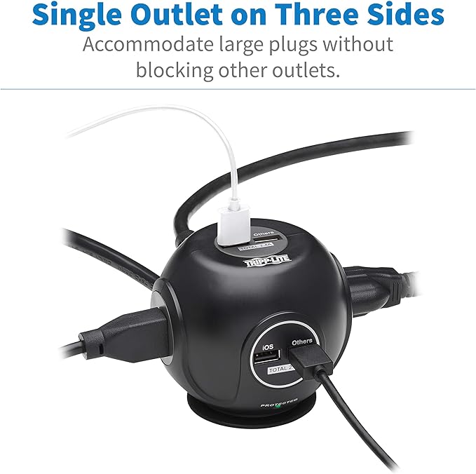 Tripp Lite Surge Protector 3-Outlet Spherical Surge Protector, 4 USB Ports (4.8A Shared) - 6-ft. (1.83 m) Cord, 5-15P Plug, 540 Joules, Black (TLP36USB)