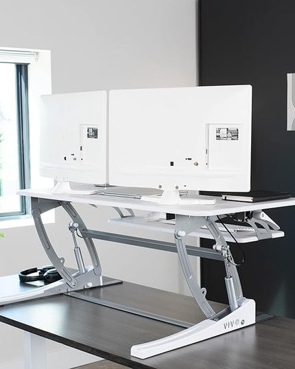 VIVO 42 inch Height Adjustable Stand Up Desk Converter, V Series, Quick Sit to Stand Tabletop Dual Monitor Riser Workstation, White, DESK-V000VLW
