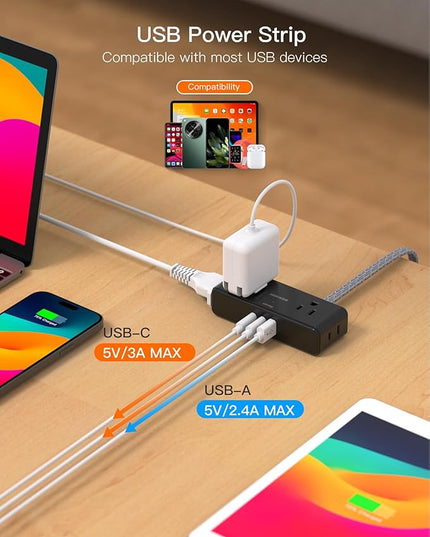 Flat Extension Cord 6 feet, BESHON Flat Plug Power Strip, 4 Widely Outlets with 3 USB Ports (2 USB C), Extension Cord with Multiple Outlets for Home, Office, Dorm Room Essentials, Black