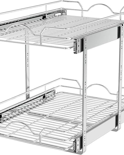 OCG 2 Tier Pull Out Cabinet Organizer (15.5" W x 21" D), Pull Out Drawers for Kitchen Cabinets, Pull Out Shelves for Base Cabinet Organization in Kitchen Bathroom Pantry, Chrome Finish