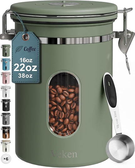Veken Coffee Canister with Window, Airtight Stainless Steel Kitchen Food Storage Container with Lids, Date Tracker and Scoop for Grounds Coffee, Beans, Tea, Flour, Cereal, Sugar Jars, 22OZ, Green