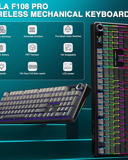 AULA F108 PRO - Wireless Mechanical Keyboard with Screen & Knob,Full Size Keyboard with 8000mAh Battery,Pre-lubed Switches,Side Printed PBT Keycaps,RGB Backlit Hot Swappable Custom Gaming Keyboards