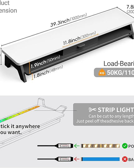 Dual Monitor Stand Riser,LED 2-Tier 39.3 Inch Computer Monitor Stand for 2 Monitors,Office Desktop Organizer with Storage Drawer and Phone Holder for Laptop,PC,Computer,Printer,White