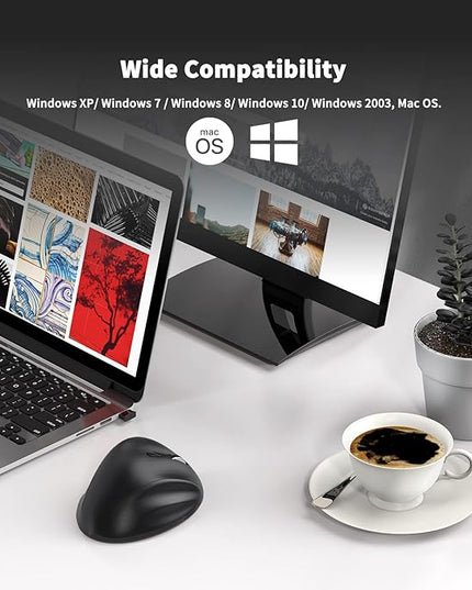 Ergonomic Wireless Mouse with USB Receiver for PC Computer, Laptop and Desktop, Ergo Mouse Vertical with Silent Clicks Long Battery Life, Up to 1600 DPI & 1 AA Battery Powered, Black