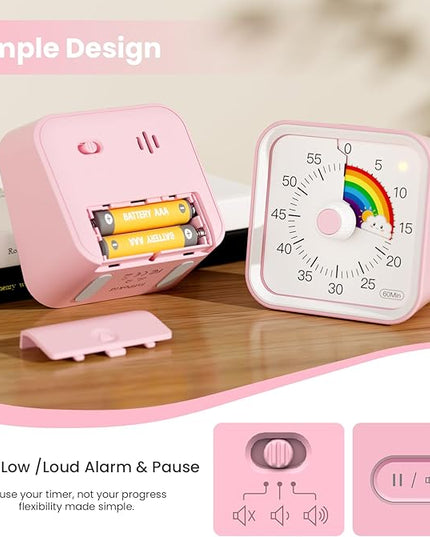 InfPokid Visual Timer for Kids with Pause Function, Cute Silent Timer with Rainbow for Classroom, Teaching, Task, Kitchen, 60 Minute Countdown Time Management for ADHD (Rainbow Pink)