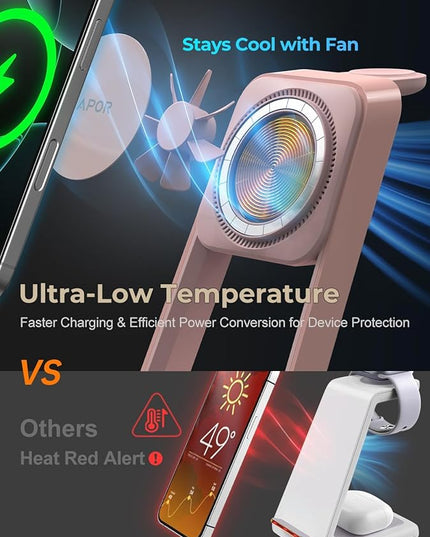 3 in 1 Charging Station for iPhone, Magsafe Wireless Charger with Cooling Fan for iPhone 17 16e 16 15 14 13 12 Series & Apple Watch Charger, Wireless Charging Station for AirPods 4/3/Pro (Pink)