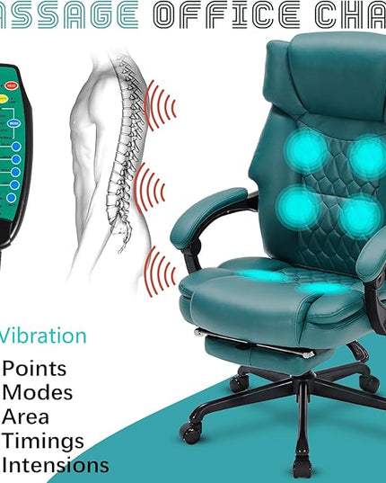 Massage Office Chair with Foot Rest 6 Points Vibration and Heat Home Office Desk Chairs for Heavy People 400lbs Reclining Managerial Chairs Ergonomic Executive Chair (Teal Blue)