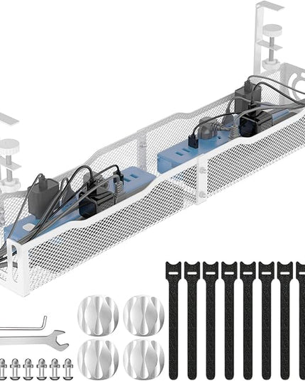 Under Desk Cable Management Tray, No Drill Steel Desk Cable Organizers, Wire Management Tray Cable Management Rack (24.4" Length-White)