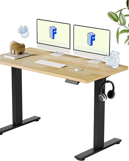 FLEXISPOT EN1 One-Piece Solid Wooden Standing Desk 48 x 24 Inches Height Adjustable Electric Sit Stand Home Office Desks (Black Frame + Rubber Wood Top, 2 Packages)