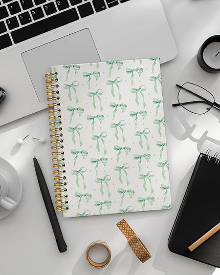 LIANGW Boho Green Bow Notebook Journal for Teen Girls & Women, Preppy Cute Journal Gifts for Women, Girly Gifts, Green Bow Office Supplies, Hardcover Spiral Notebook, 5.5x8.3 Inch