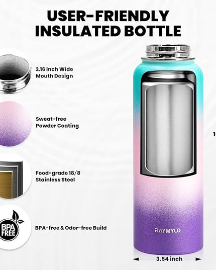 Insulated Water Bottle 40 oz, Triple Wall Vacuum Stainless Steel (Cold for 48 Hrs), Leak Proof & BPA-Free, Modern Water Flask Jug with Paracord Handle & Straw Spout Lids, Hydrangea
