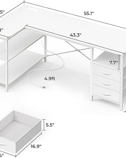 Huuger L Shaped Office Desk with Power Outlets, 55 Inch Computer Desk with 3 Drawers, Shelves, Reverisble for Gaming Corner Work Home Office Study, White