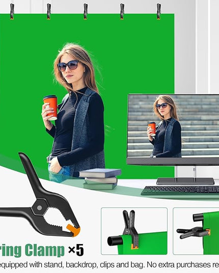 Green Screen Backdrop Kit, 5×7ft Portable Greenscreen Background with Adjustable T-Shaped Stand, 5 Clamps, Carrying Bag for Parties, Streaming, Photography, Zoom, Gaming, Video Studio