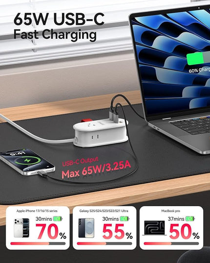 ORICO 65W USB Travel Power Strip, 7 in 1 Charging Station with 3AC, 2 USB-A, 2 USB-C, Flat Plug and 4ft Thin Extension Cord, Fast Charger for MacBook, iPad, iPhone 17/16/15 - TK65