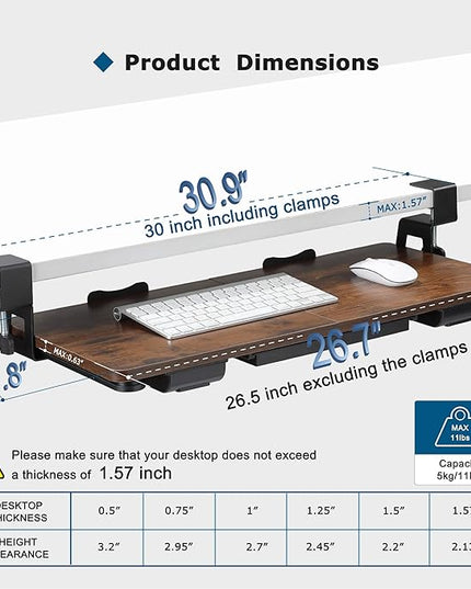 Keyboard Tray Under Desk with Drawer,26.77" X 11.81"Large Size Keyboard Tray with C Clamp-on Mount, Easy to Install, for Home Office (Mahogany)