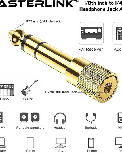 MASTERLINK 1/8” (1/4 inch) Male to 3.5mm (1/8 inch) Female Stereo Audio Jack Adapter for Aux Cable, Guitar Amplifier, Headphone, 2 Pack