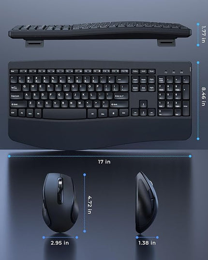 Ergonomic Keyboard and Mouse Combo, Full Size Cordless Computer Keyboard with Palm Wrist Rest Ergonomic Mouse for Windows Computers Laptops - Black