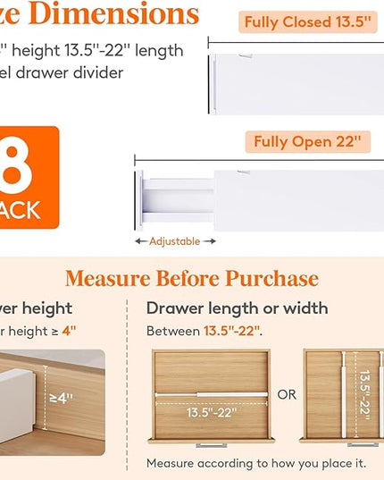Lifewit 8 Pack Drawer Dividers Plastic 4" High, 13.5-22" Adjustable Drawer Organizers for Clothes, Expandable Dresser Separators in Bedroom/Bathroom/Kitchen/Fridge/Office Organization and Storage