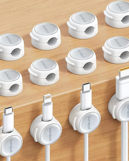 12Pack Magnetic Cable Clips Cord Organizer - Lamicall [Crystal-Clear & Silver Shine] Cable Management Holder for Phone Charging Cord, Strong Adhesive for Nightstand, Home Office Desk Decor Accessories