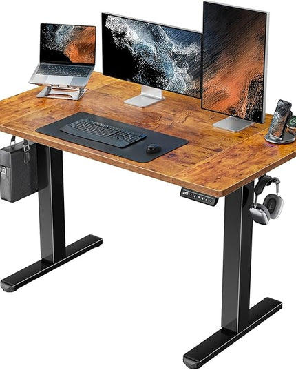 HUANUO 48 x 24 inch Electric Standing Desk, Height Adjustable Table with Headphone Hooks & Cable Manager, Sit to Stand up Desk for Home Office, Vintage Brown