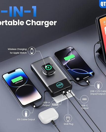 Portable Charger for iPhone with Built-in Cables and AC Wall Plug,Upgraded 40800mah Fast Charging USB C Power Bank,25W PD Travel Essentials Battery Pack for iPhone 17/16/15/14/13,Galaxy,Apple Watch
