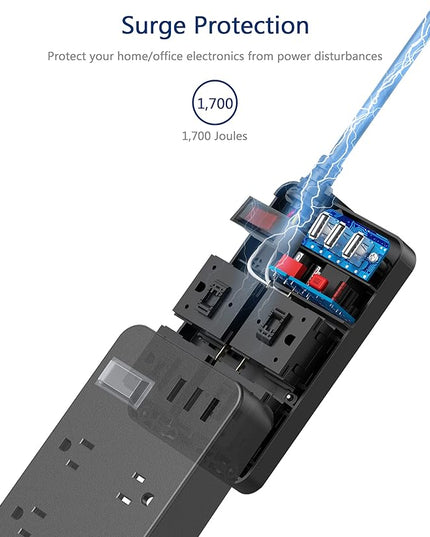 Outdoor Power Strip Weatherproof,Waterproof Surge Protector with 4 Outlets,3 USB,Shockproof Overload Protection, Multi Outlet Extension for Camping, Garden, Kitchen, Bathroom, 6ft Cord,with Flat Plug