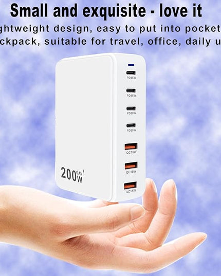 USB C Charger 200W USB C Charger Block, Upgraded GaN 7-Port Fast Charging Station Hub, Laptop Charger Adapter, Compatible with MacBookAir/Pro, DELL, iPhone16/15, iPad, Steam (White)