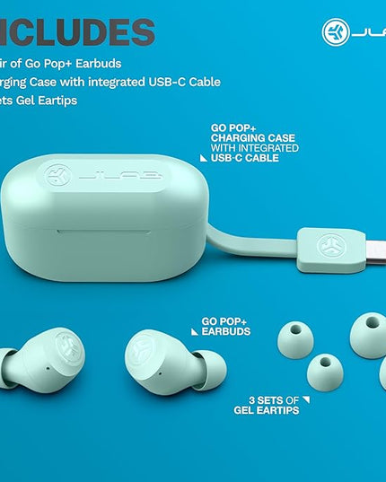 JLab Go Air Pop+ True Wireless Earbuds, in Ear Headphones, Bluetooth Earphones, 35H Playtime Ear Buds, Bluetooth Earbuds with Microphone, USB-C Charging Case, Dual Connect, EQ3 Sound, Mint Green