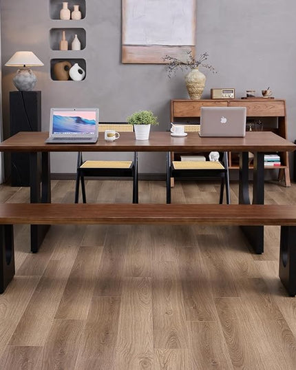 Walnut Color Long Bench Solid Wood Top Metal Legs U-Shaped Design Durable Sturdy Dining Bench Ideal for Office Home Restaurant Patio Multiple (Bench, 55.12in)