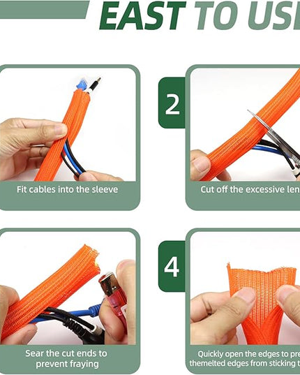Split Wire Loom Tubing, Cable Protector Sleeve, Braided Cable Management for TV/Computer/Home Theater/Engine Bay, Cord Protectors from Pets No Chew (Orange, 3/8"-25ft)