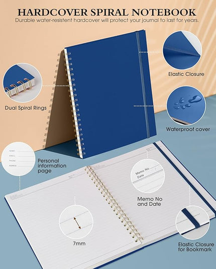 Spiral Notebook Journal 8.5” x 11”, A4 Large Notebooks for Women Men, College Ruled Lined Journal, 100 GSM Paper, Plastic Hardcover Spiral Bound Journals for Work School Note Taking Business, Navy