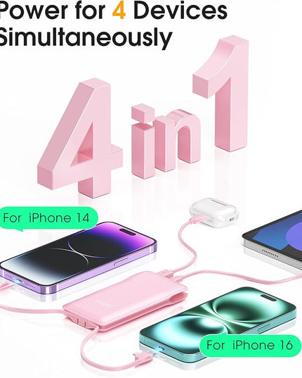TG90° 10000mAh External Battery Pack with Built-in AC Wall Plug, Compact Cell Phone Portable Charger with Cables Power Bank Compatible with iPhone and Android Devices