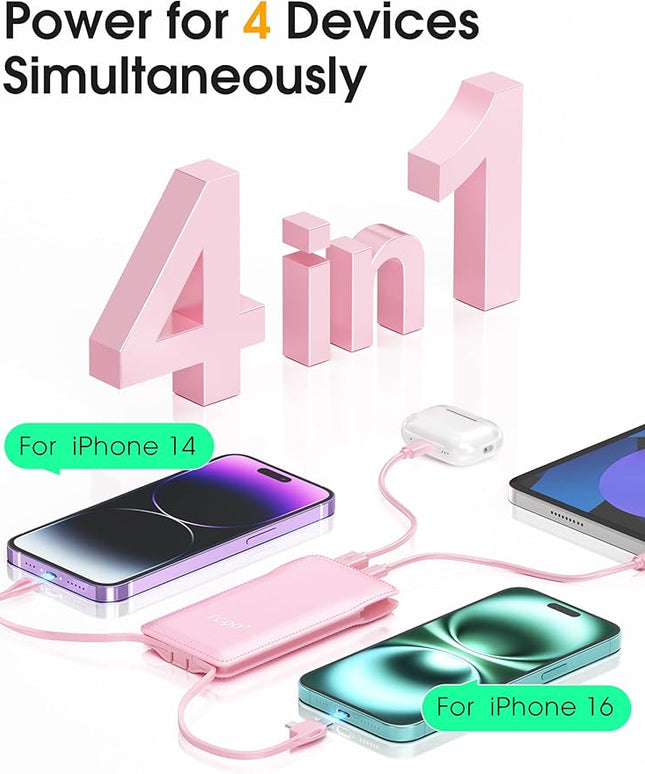 TG90° 10000mAh External Battery Pack with Built-in AC Wall Plug, Compact Cell Phone Portable Charger with Cables Power Bank Compatible with iPhone and Android Devices
