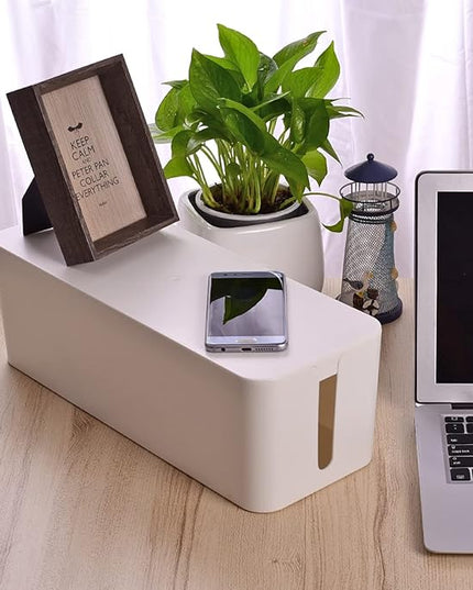 Cable Management Box, Large Cord Organizer Box to Hide Power Strip & Under Desk,TV Computer Wires Cable Organizer Hider Box with Cable Clips&Reusable Cable Ties for Home/Office(White)