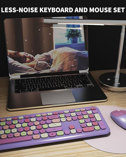 Wireless Keyboard and Mouse Combo, Colorful Ergonomic Full Size Retro Low-Noise Keyboard with Cute keycaps, Compatible with Windows, PC, Perfer for Home and Office Keyboards (Purple)