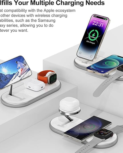 3 in 1 Charging Station for Apple - Faster Mag-Safe Charger Stand for iPhone - Magnetic Wireless Charger Station for iPhone 17/16/15/14/13/12 Series, Apple Watch Series, AirPods Pro (White)