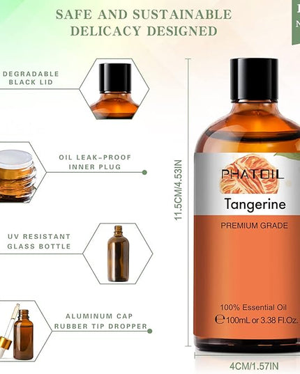 PHATOIL 3.38FL.OZ Tangerine Essential Oil, for Aromatherapy Diffusers, Humidifiers, Great for DIY Candle and Soap Making, Huge 100ML Bottle